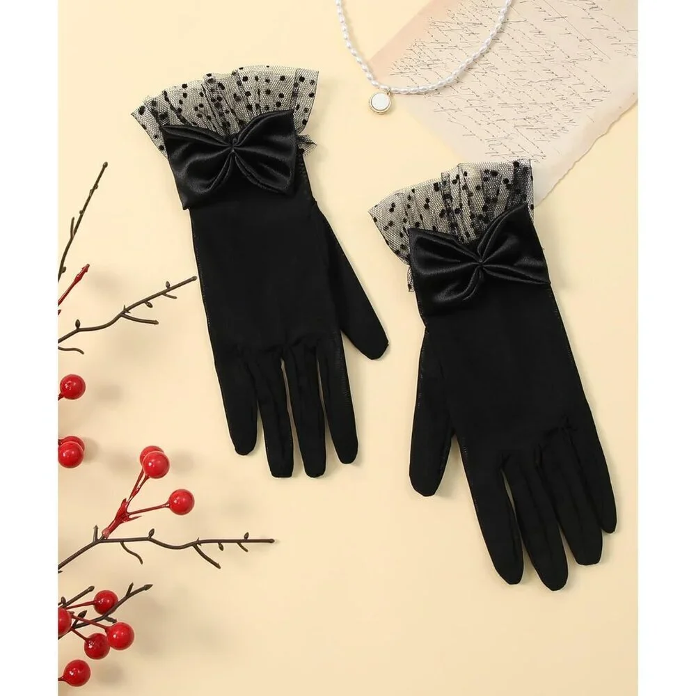 Women's Bow Lace Short Gloves Black Princess Wedding Evening Party Accessories